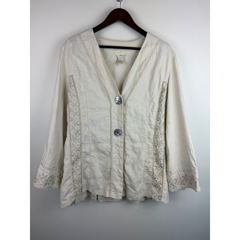 J Jill Linen Cardigan Jacket Large Cream Floral Embroidered Coastal Natural